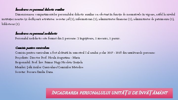 Încadrarea cu personal didactic auxiliar Dimensionarea compartimentelor personalului didactic auxiliar s-a efectuat în funcţie