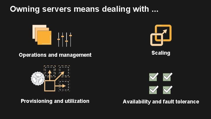 Owning servers means dealing with. . . Operations and management Scaling Provisioning and utilization