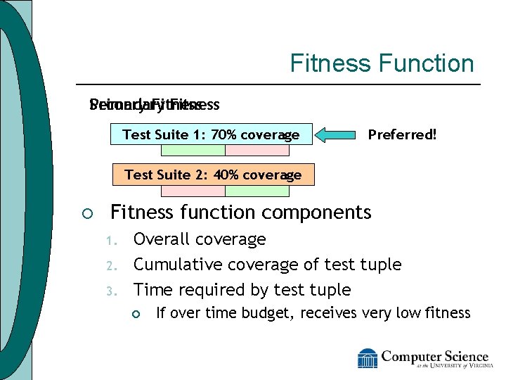 Fitness Function Primary Fitness ¡Secondary Use coverage information to estimate “goodness” of. T 1: