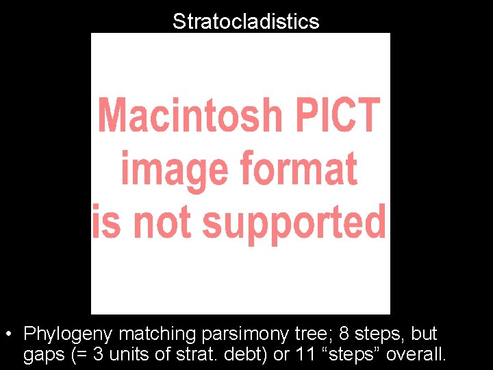 Stratocladistics • Phylogeny matching parsimony tree; 8 steps, but gaps (= 3 units of