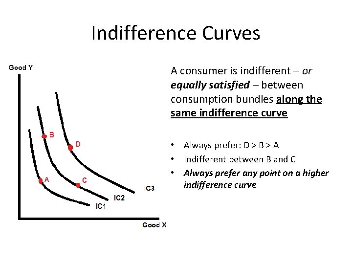 Indifference Curves A consumer is indifferent – or equally satisfied – between consumption bundles