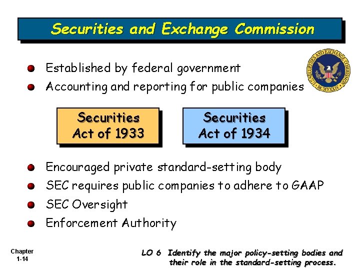 Securities and Exchange Commission Established by federal government Accounting and reporting for public companies