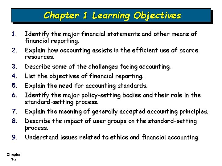Chapter 1 Learning Objectives 1. Identify the major financial statements and other means of