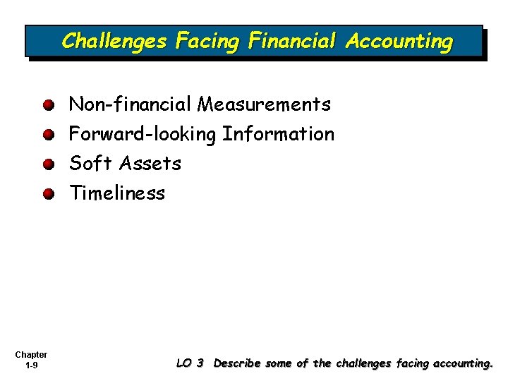 Challenges Facing Financial Accounting Non-financial Measurements Forward-looking Information Soft Assets Timeliness Chapter 1 -9