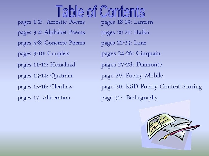 pages 1 -2: Acrostic Poems pages 3 -4: Alphabet Poems pages 5 -8: Concrete