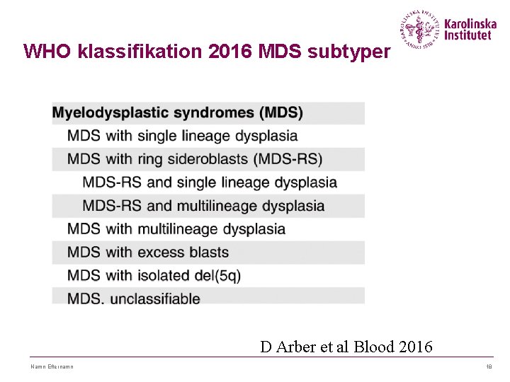WHO klassifikation 2016 MDS subtyper D Arber et al Blood 2016 Namn Efternamn 18 WHO klassifikation 2016 MDS subtyper D Arber et al Blood 2016 Namn Efternamn 18