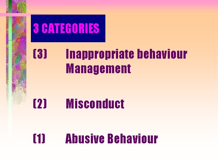 3 CATEGORIES (3) Inappropriate behaviour Management (2) Misconduct (1) Abusive Behaviour 