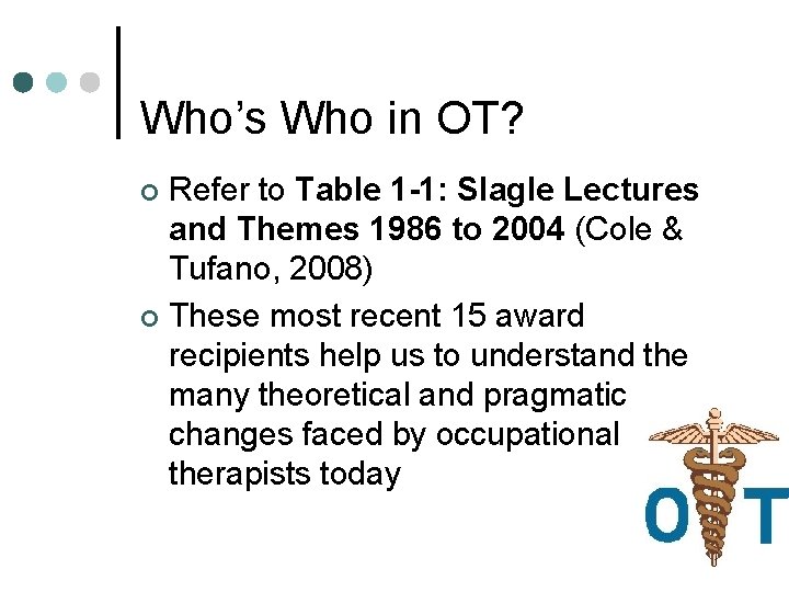 Who’s Who in OT? Refer to Table 1 -1: Slagle Lectures and Themes 1986