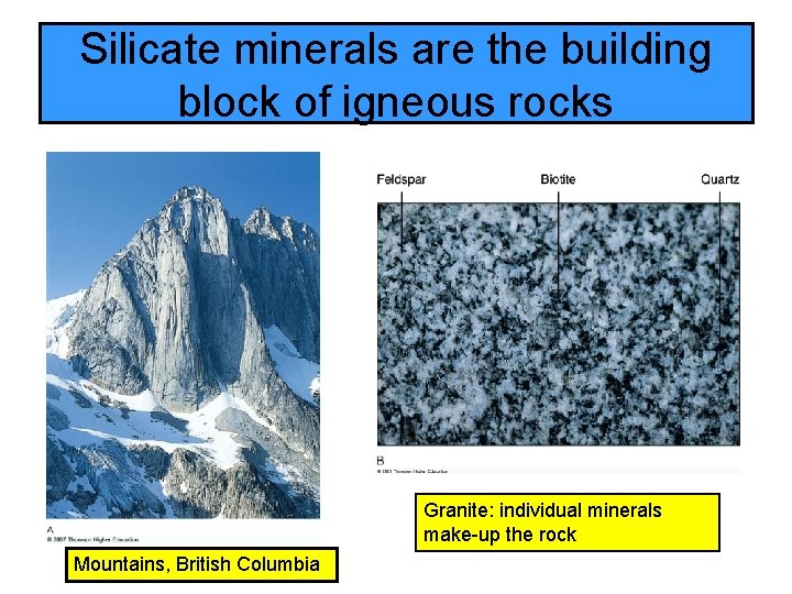 Silicate minerals are the building block of igneous rocks Granite: individual minerals make-up the
