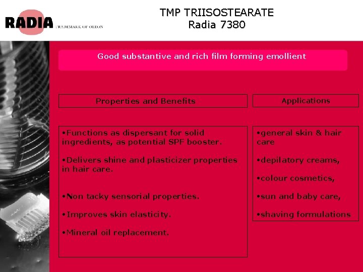 TMP TRIISOSTEARATE Radia 7380 Good substantive and rich film forming emollient Properties and Benefits