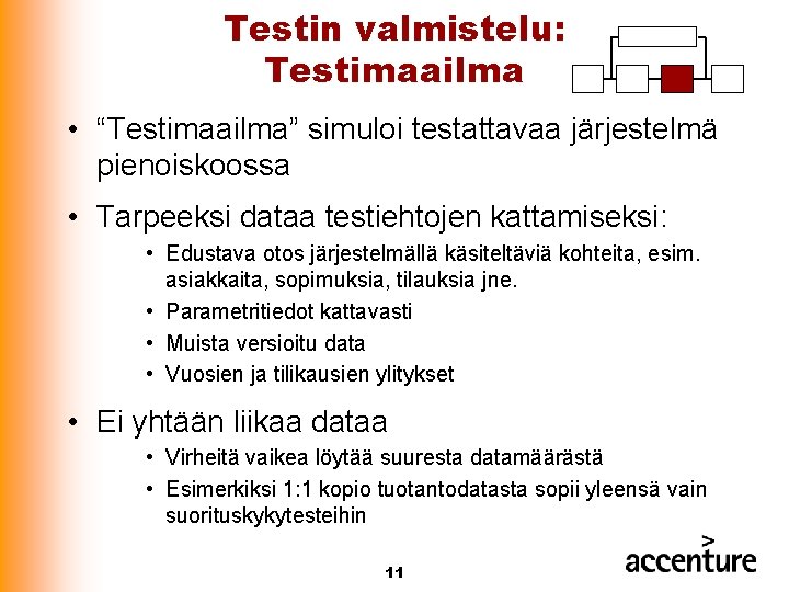 Testin valmistelu: Testimaailma • “Testimaailma” simuloi testattavaa järjestelmä pienoiskoossa • Tarpeeksi dataa testiehtojen kattamiseksi: