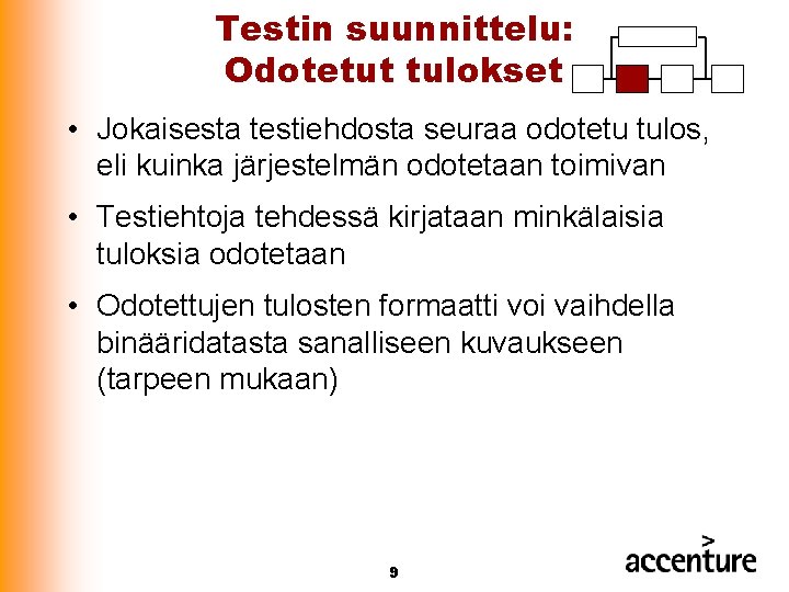 Testin suunnittelu: Odotetut tulokset • Jokaisesta testiehdosta seuraa odotetu tulos, eli kuinka järjestelmän odotetaan Testin suunnittelu: Odotetut tulokset • Jokaisesta testiehdosta seuraa odotetu tulos, eli kuinka järjestelmän odotetaan