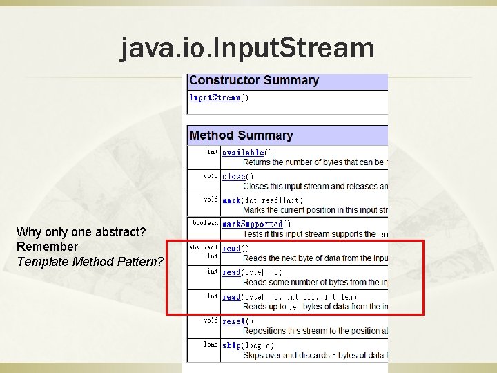 java. io. Input. Stream Why only one abstract? Remember Template Method Pattern? 