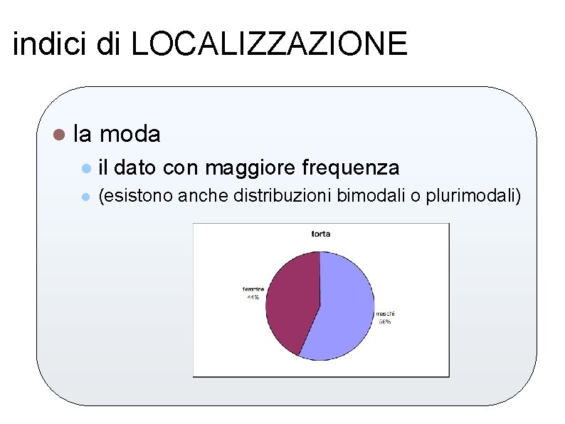 indici di LOCALIZZAZIONE l la moda l il dato con maggiore frequenza l (esistono