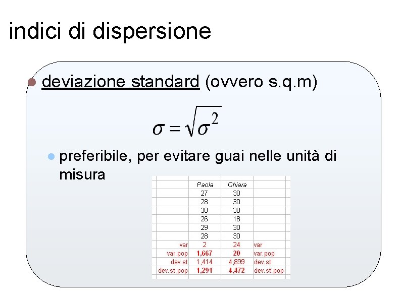 indici di dispersione l deviazione l standard (ovvero s. q. m) preferibile, per evitare
