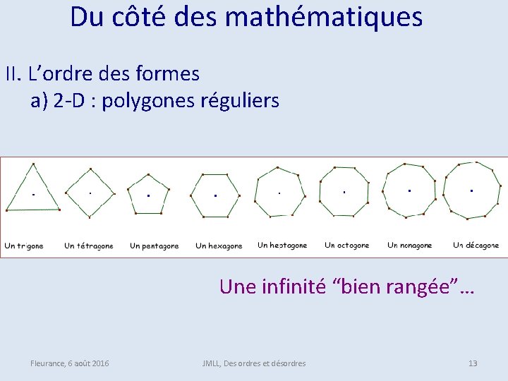  Du côté des mathématiques II. L’ordre des formes a) 2 -D : polygones