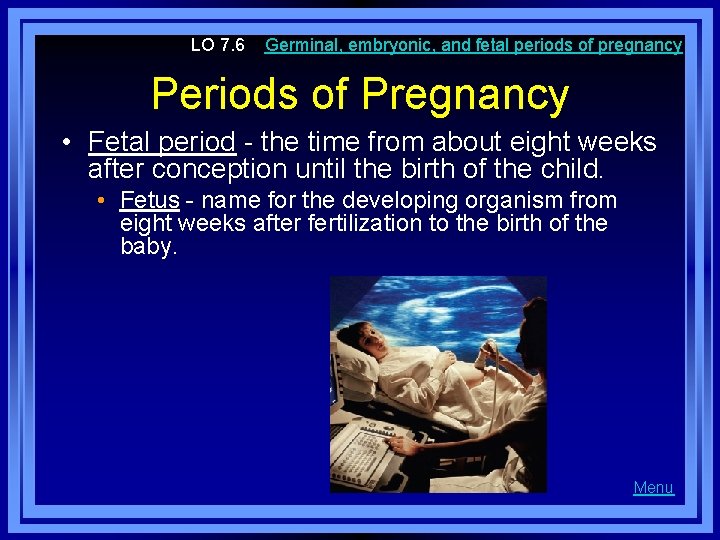 LO 7. 6 Germinal, embryonic, and fetal periods of pregnancy Periods of Pregnancy •