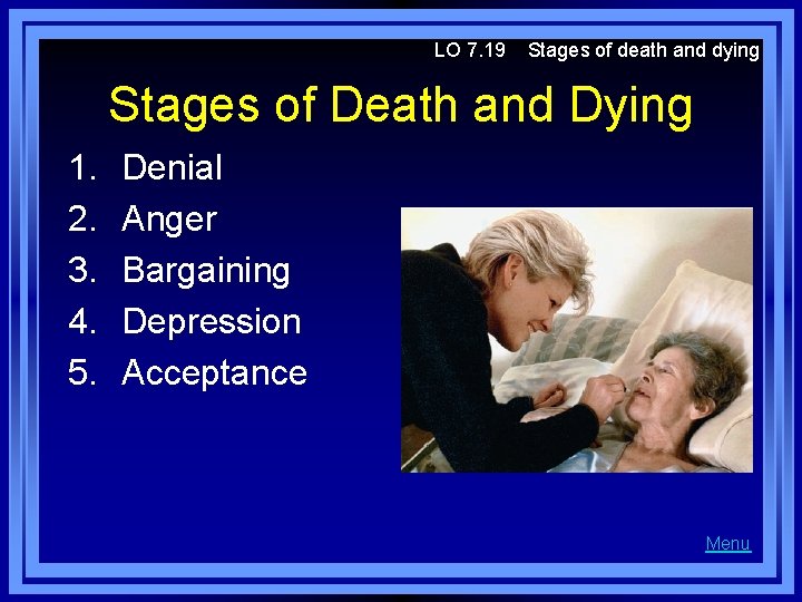 LO 7. 19 Stages of death and dying Stages of Death and Dying 1.