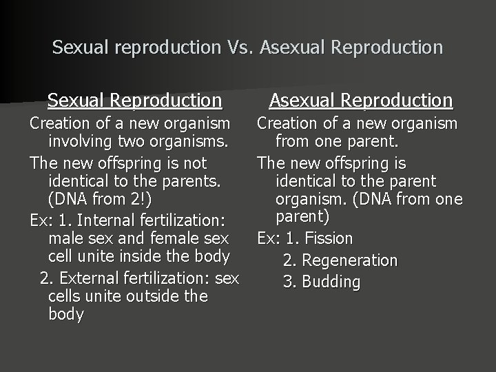 Sexual reproduction Vs. Asexual Reproduction Sexual Reproduction Asexual Reproduction Creation of a new organism