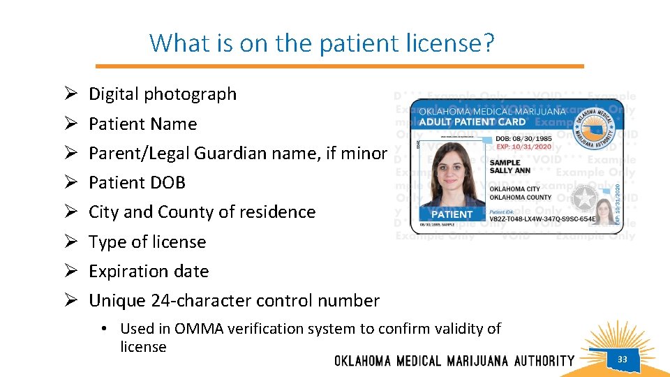 What is on the patient license? Ø Ø Ø Ø Digital photograph Patient Name