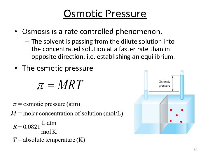 Osmotic Pressure • Osmosis is a rate controlled phenomenon. – The solvent is passing