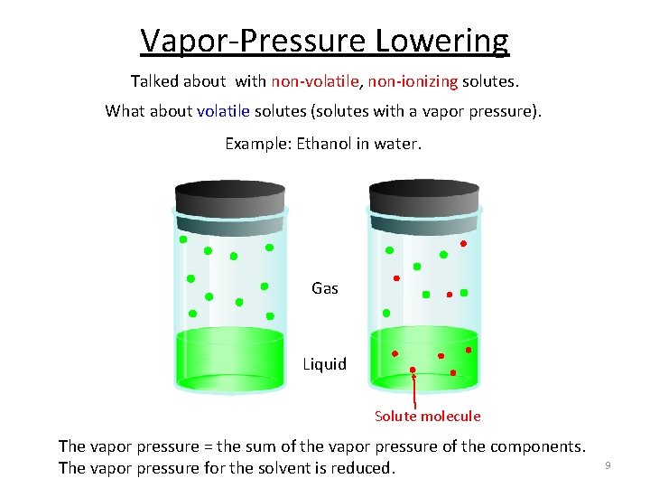 Vapor-Pressure Lowering Talked about with non-volatile, non-ionizing solutes. What about volatile solutes (solutes with