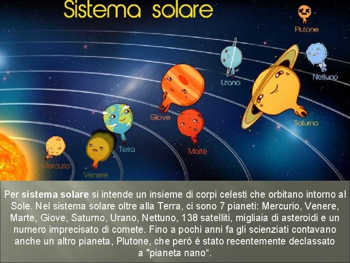 Per sistema solare si intende un insieme di corpi celesti che orbitano intorno al