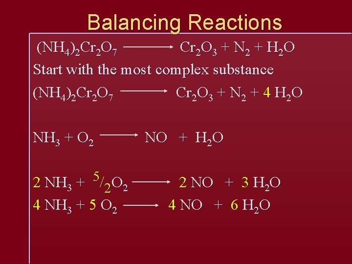 Balancing Reactions (NH 4)2 Cr 2 O 7 Cr 2 O 3 + N