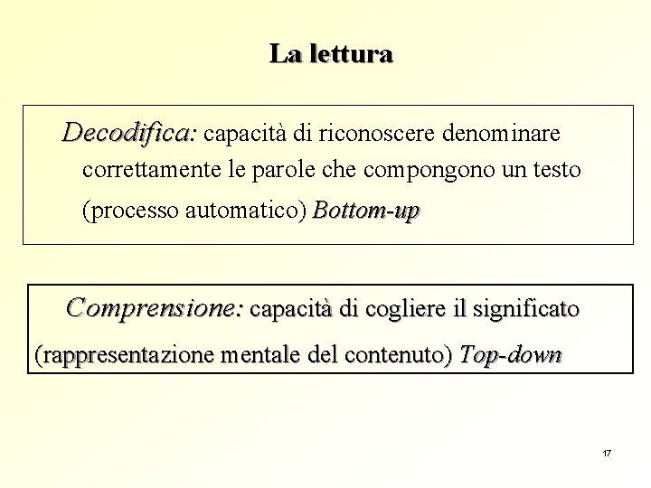 La lettura Decodifica: capacità di riconoscere denominare correttamente le parole che compongono un testo