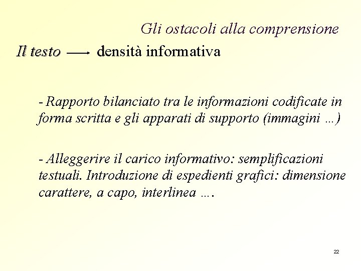 Il testo Gli ostacoli alla comprensione densità informativa - Rapporto bilanciato tra le informazioni