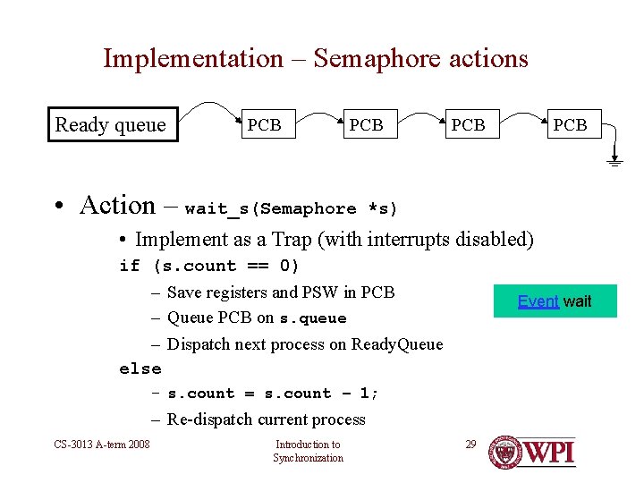 Implementation – Semaphore actions Ready queue PCB • Action – wait_s(Semaphore PCB *s) •