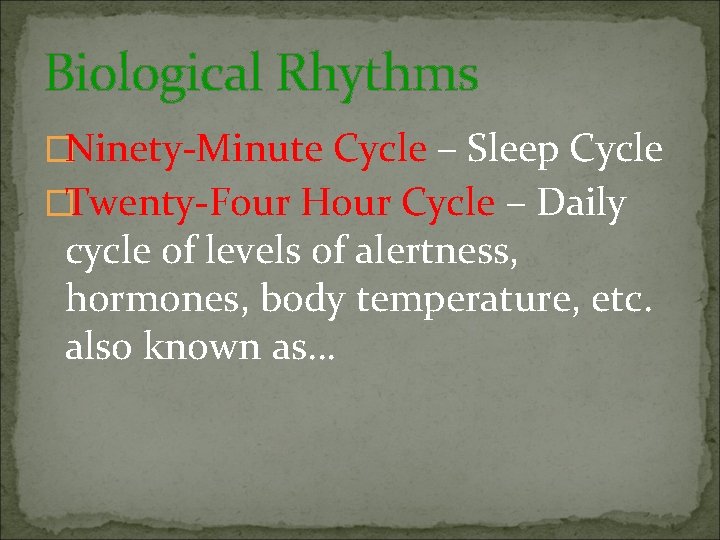 Biological Rhythms �Ninety-Minute Cycle – Sleep Cycle �Twenty-Four Hour Cycle – Daily cycle of