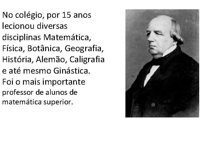 No colégio, por 15 anos lecionou diversas disciplinas Matemática, Física, Botânica, Geografia, História, Alemão,