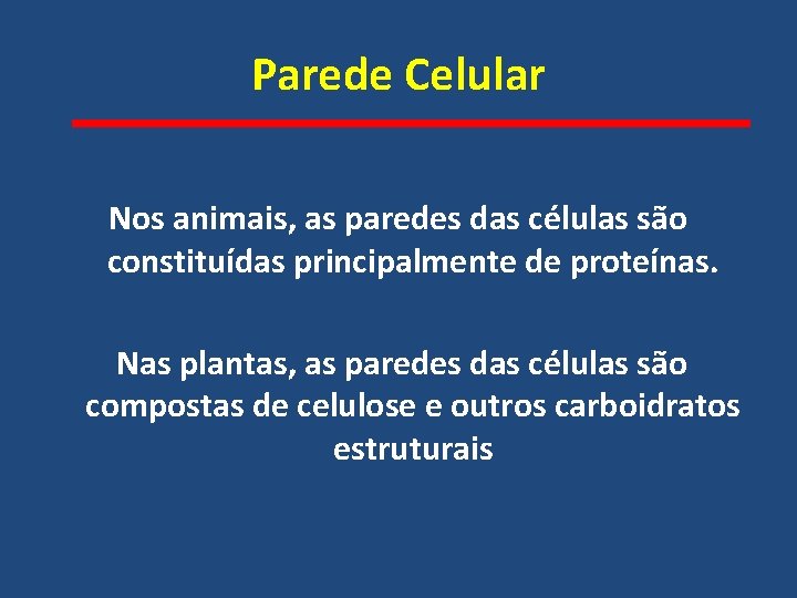 Parede Celular Nos animais, as paredes das células são constituídas principalmente de proteínas. Nas