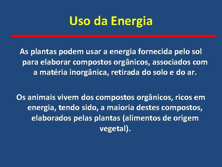 Uso da Energia As plantas podem usar a energia fornecida pelo sol para elaborar