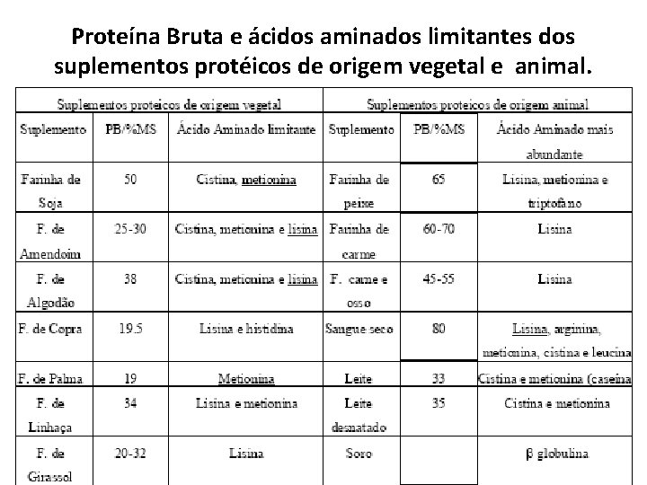 Proteína Bruta e ácidos aminados limitantes dos suplementos protéicos de origem vegetal e animal.