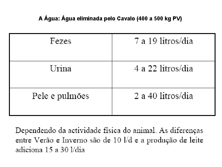 A Água: Água eliminada pelo Cavalo (400 a 500 kg PV) 