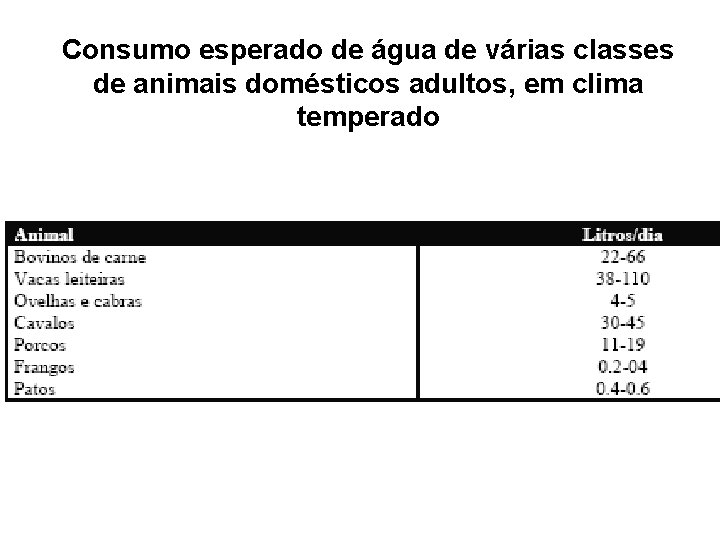 Consumo esperado de água de várias classes de animais domésticos adultos, em clima temperado