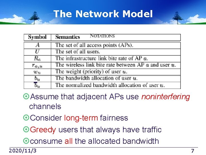 The Network Model Assume that adjacent APs use noninterfering channels Consider long-term fairness Greedy