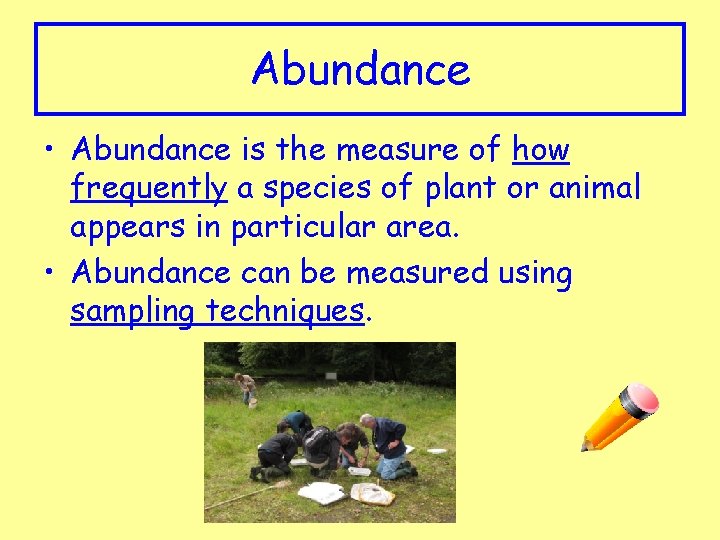 Abundance • Abundance is the measure of how frequently a species of plant or