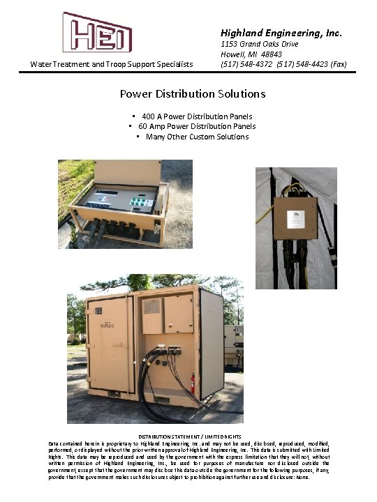 Highland Engineering, Inc. Water Treatment and Troop Support Specialists 1153 Grand Oaks Drive Howell,