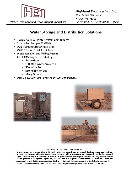 Highland Engineering, Inc. Water Treatment and Troop Support Specialists 1153 Grand Oaks Drive Howell,
