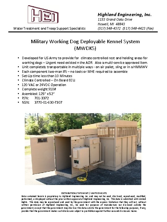 Highland Engineering, Inc. Water Treatment and Troop Support Specialists 1153 Grand Oaks Drive Howell,
