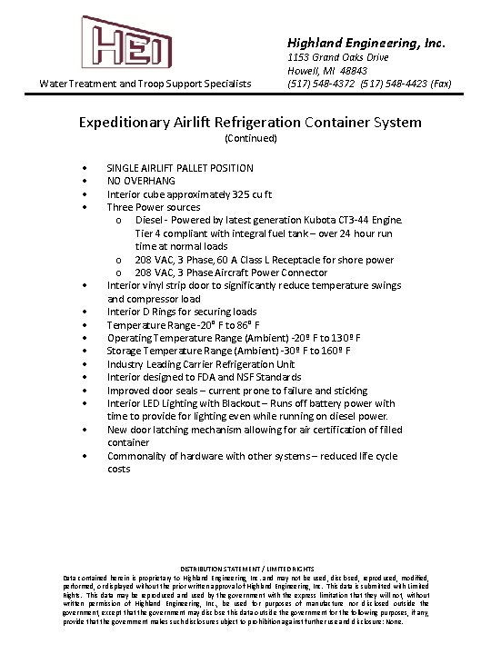 Highland Engineering, Inc. Water Treatment and Troop Support Specialists 1153 Grand Oaks Drive Howell,