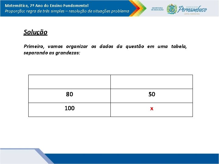 Matemática, 7º Ano do Ensino Fundamental Proporção: regra de três simples – resolução de