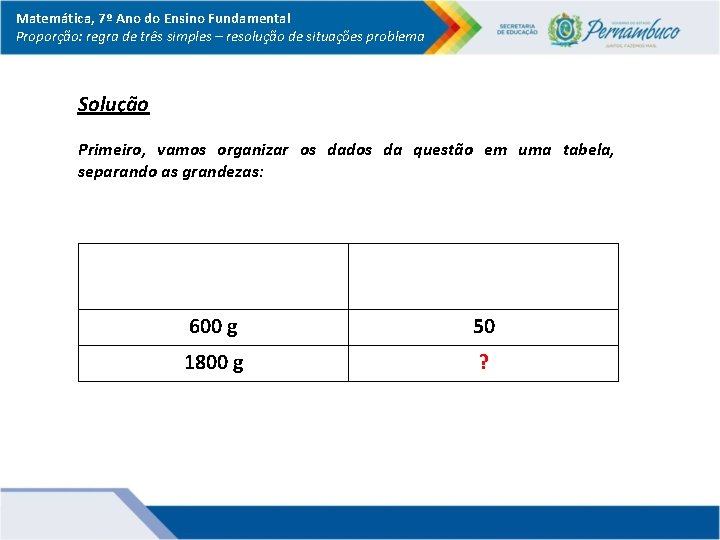 Matemática, 7º Ano do Ensino Fundamental Proporção: regra de três simples – resolução de