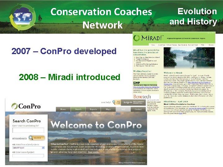 Conservation Coaches Network 2007 – Con. Pro developed 2008 – Miradi introduced Evolution and