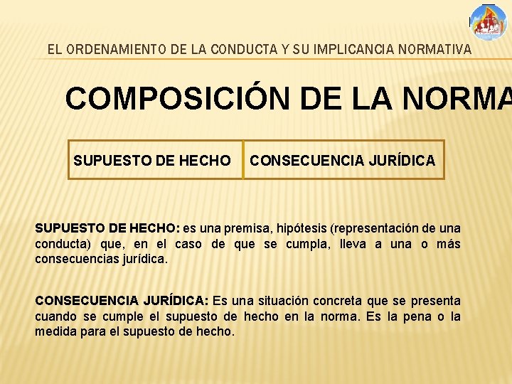 EL ORDENAMIENTO DE LA CONDUCTA Y SU IMPLICANCIA NORMATIVA COMPOSICIÓN DE LA NORMA SUPUESTO