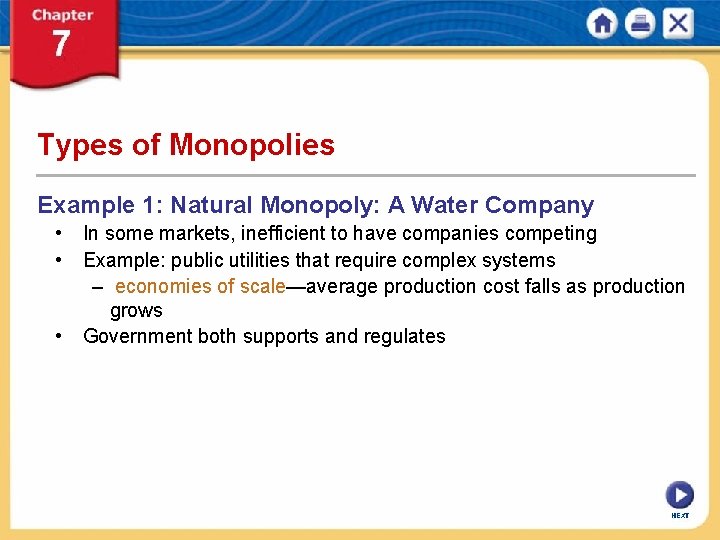 Types of Monopolies Example 1: Natural Monopoly: A Water Company • In some markets,