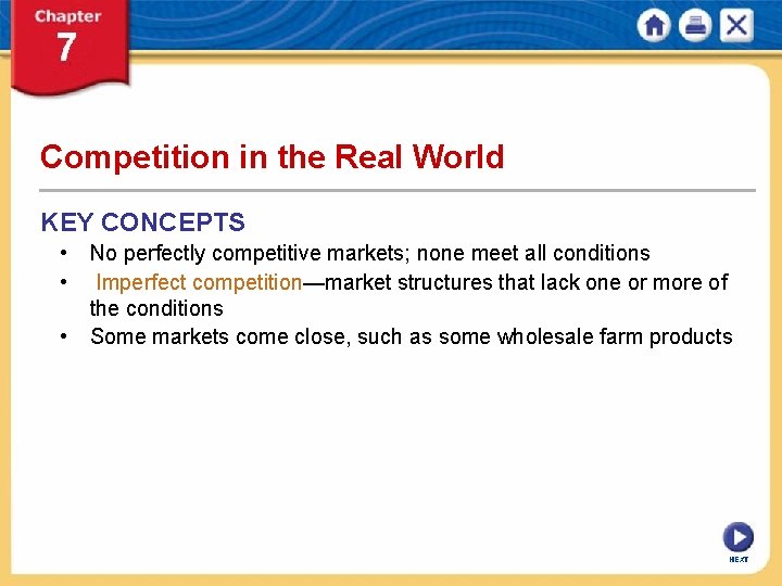 Competition in the Real World KEY CONCEPTS • No perfectly competitive markets; none meet